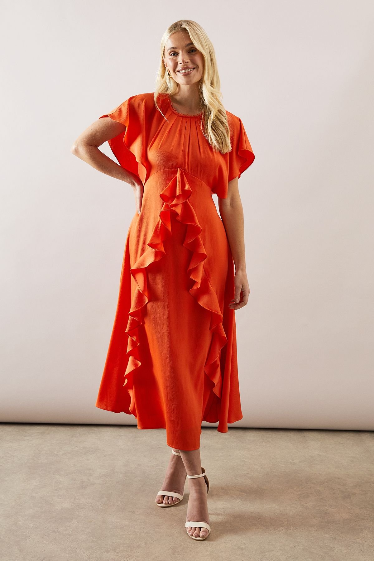 Wallis Wallis Women's Petite Occasion Satin Ruffle Maxi Dress in Orange - 2