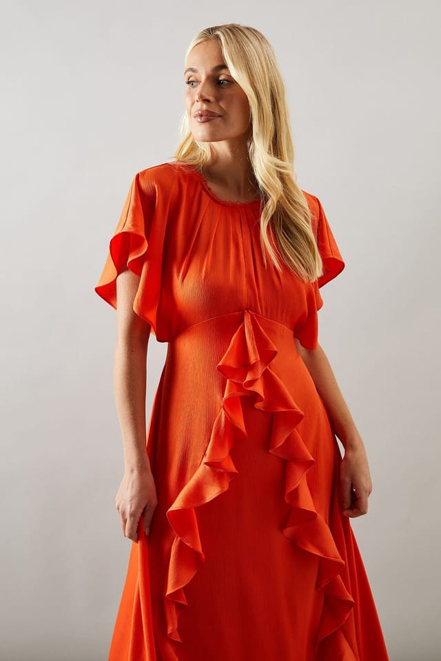 Wallis Wallis Women's Petite Occasion Satin Ruffle Maxi Dress in Orange - 2