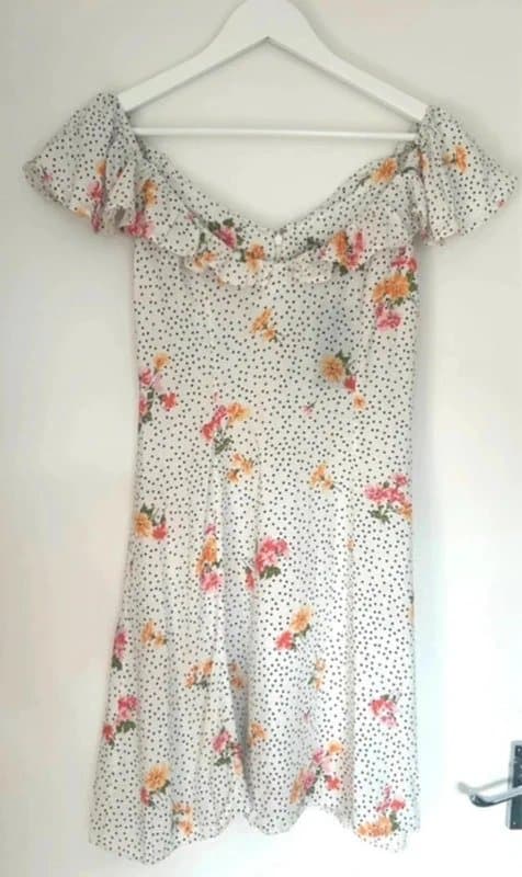 New Look 🤍 New Look White Floral Polka Dot Off Shoulder Mini Dress Summer UK 8 NWT