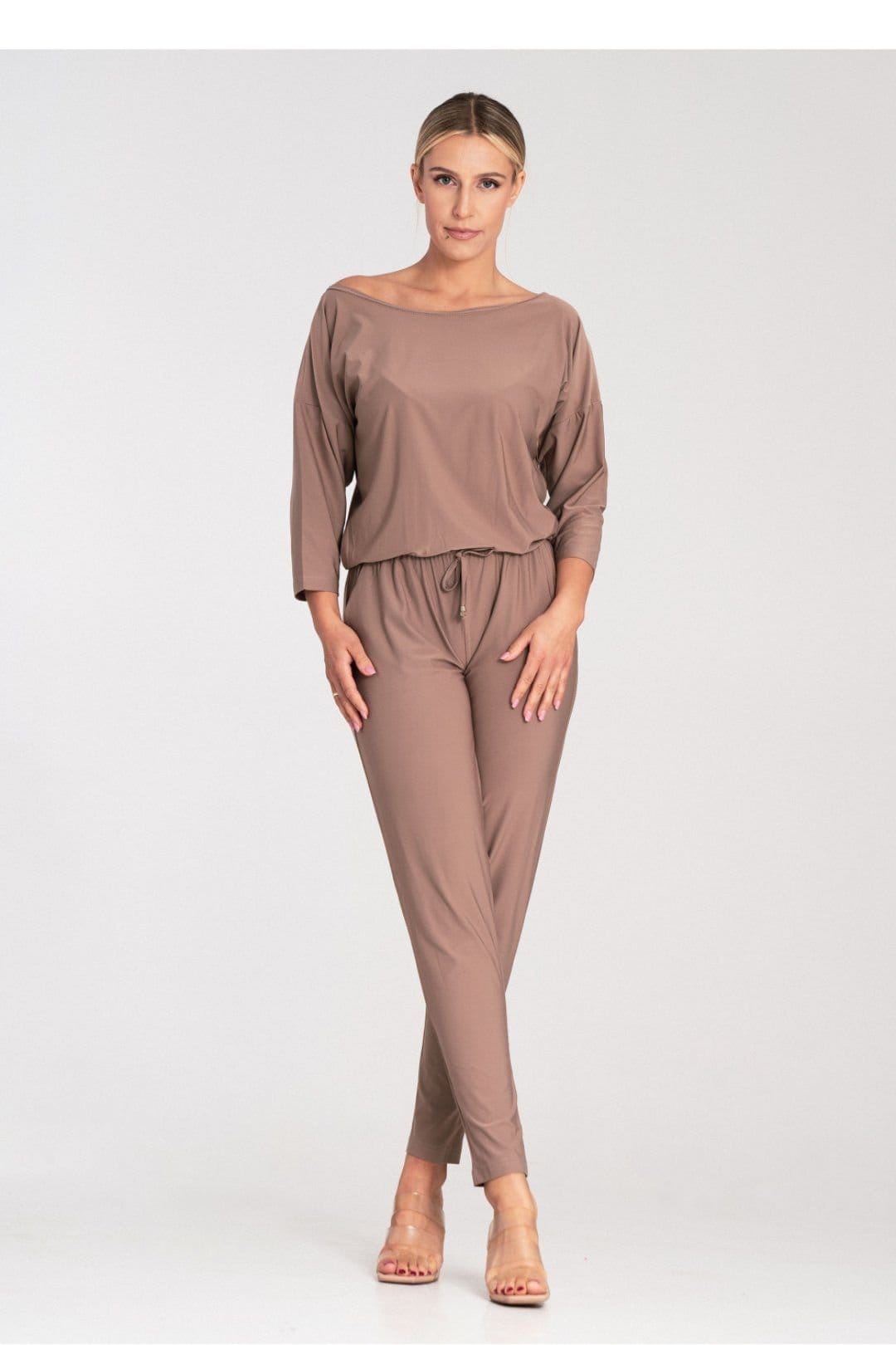 Love Lace Beige Loose Tapered Leg Jumpsuit with Boat Neck