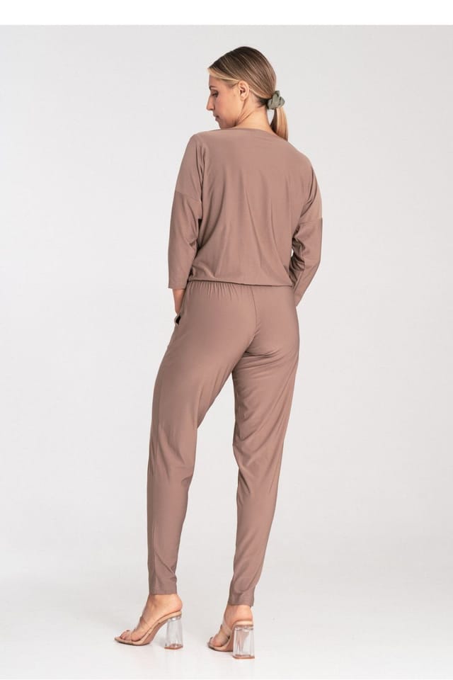 Love Lace Love Lace Women's Loose Tapered Leg Jumpsuit with Boat Neck in Beige - 2
