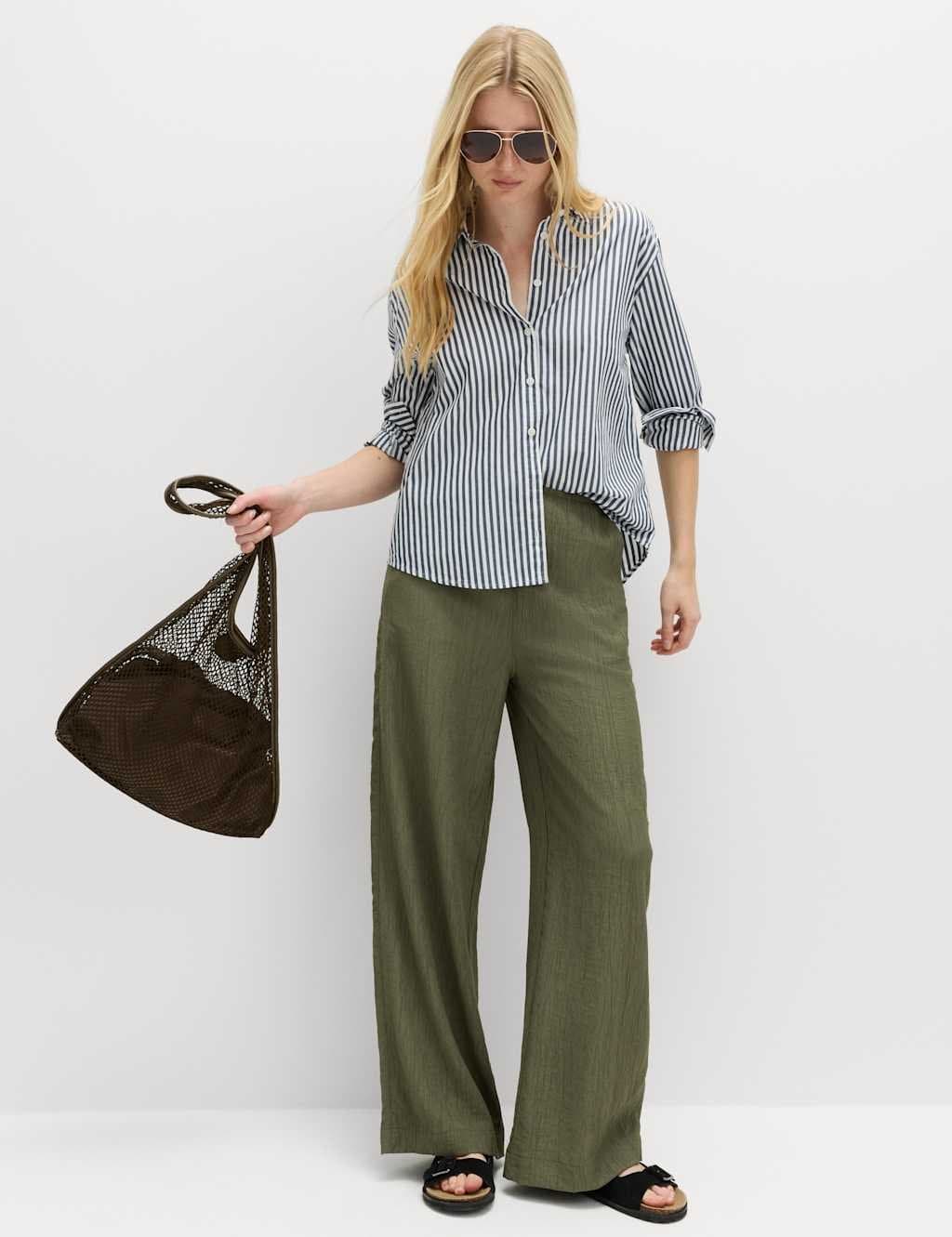 Marks & Spencer M&S Crinkle Elasticated Waist Wide Leg Trousers Khaki