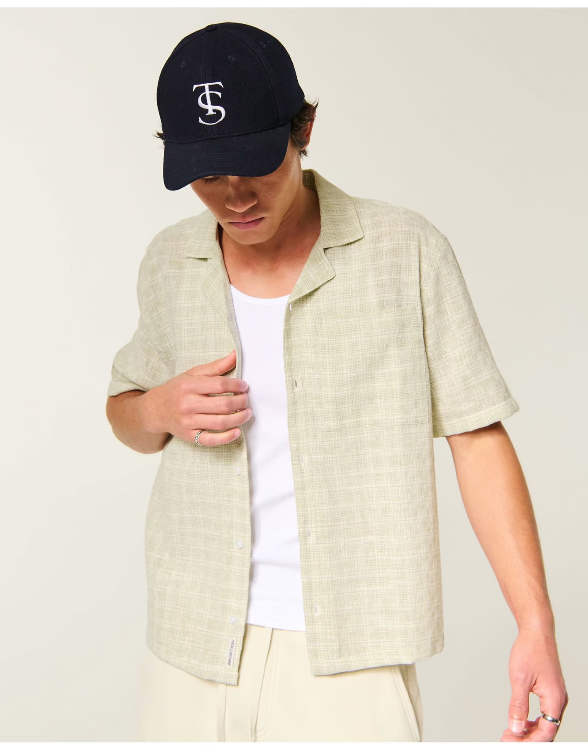 ASOS Hollister Boxy short-sleeve textured button-through shirt in light green