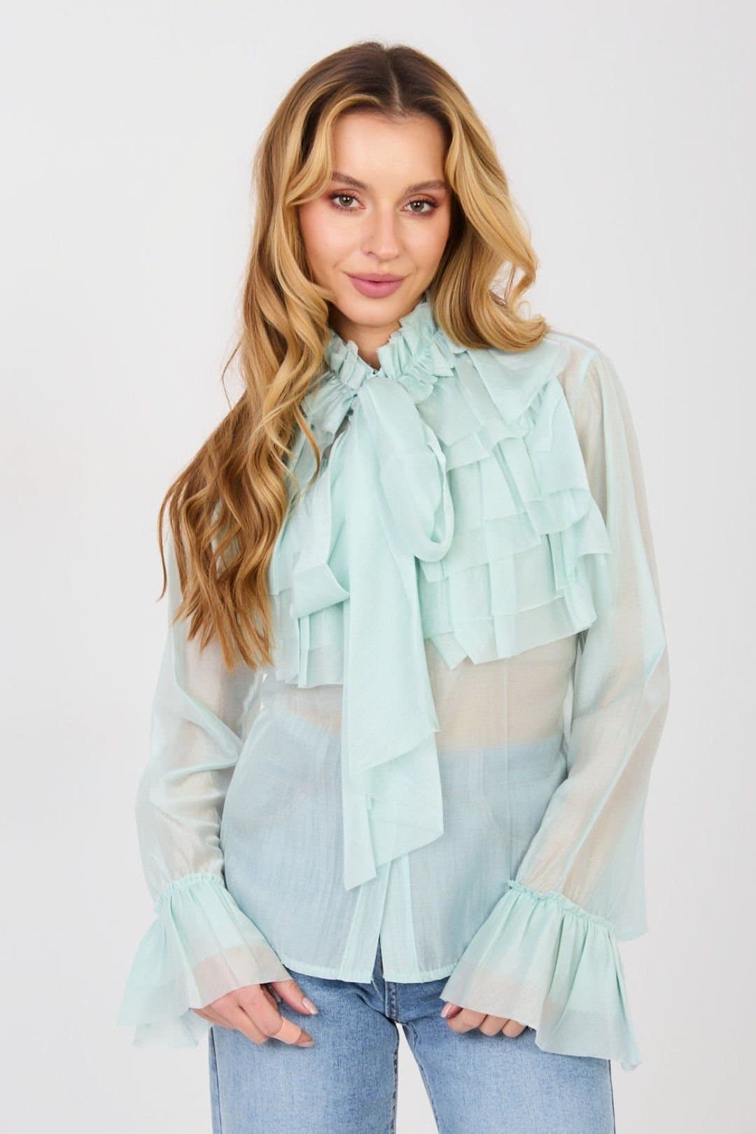 Love Lace Love Lace Women's Elegant Stand Collar Long Sleeve Blouse in Mint