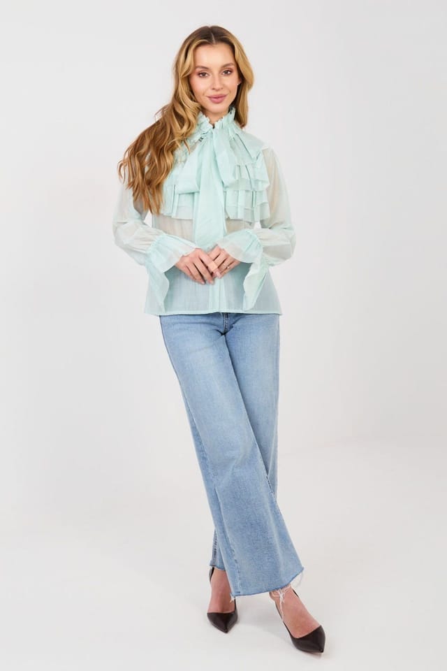 Love Lace Love Lace Women's Elegant Stand Collar Long Sleeve Blouse in Mint - 2