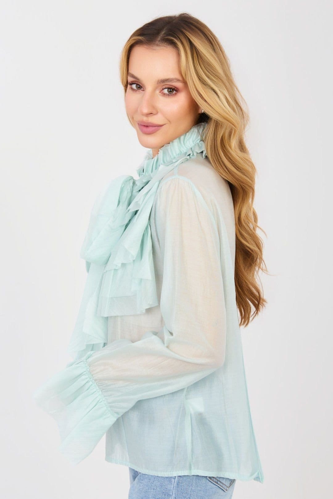 Love Lace Love Lace Women's Elegant Stand Collar Long Sleeve Blouse in Mint - 4