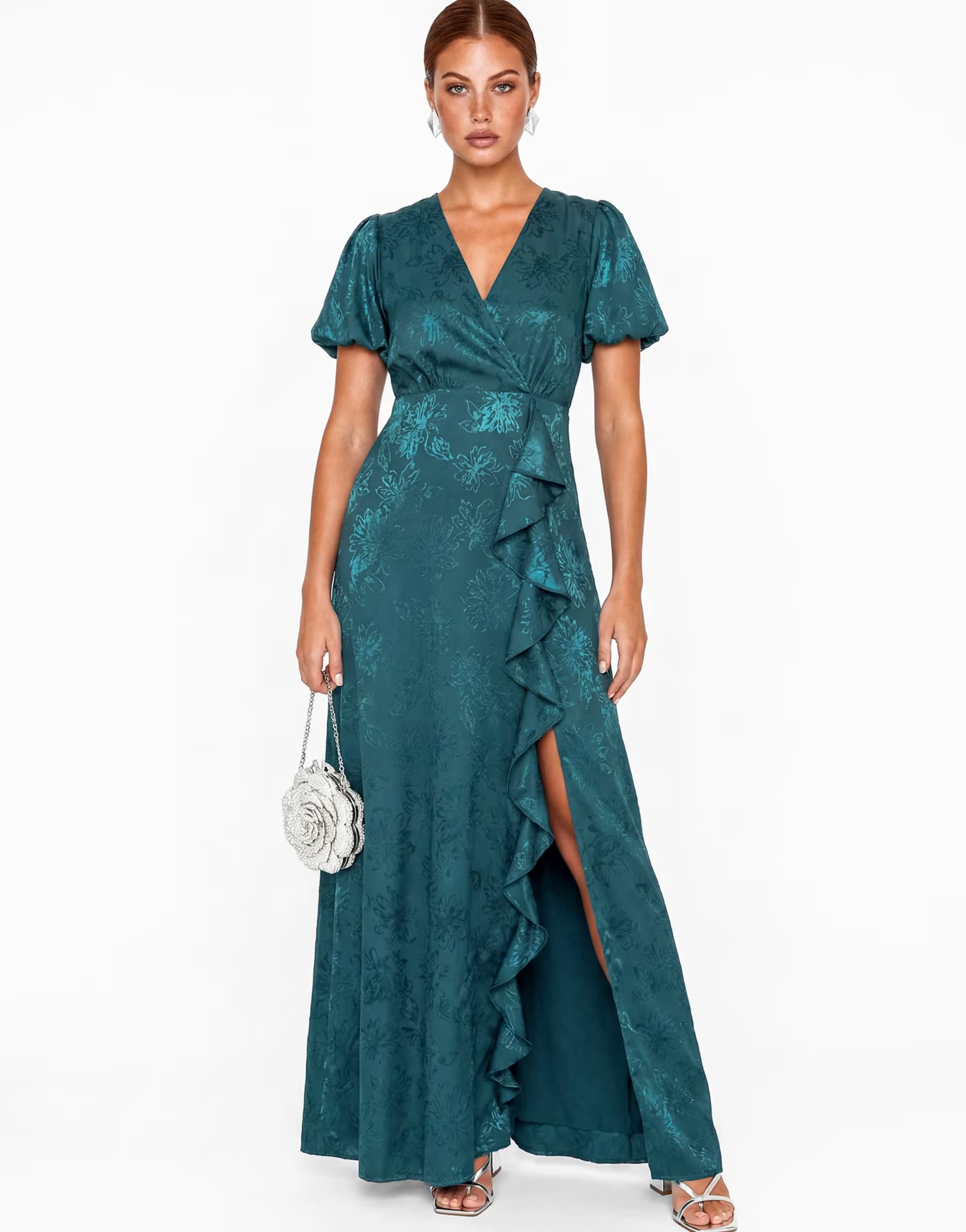 ASOS Maya Floral jacquard faxu wrap waterfall ruffle satin maxi dress in teal