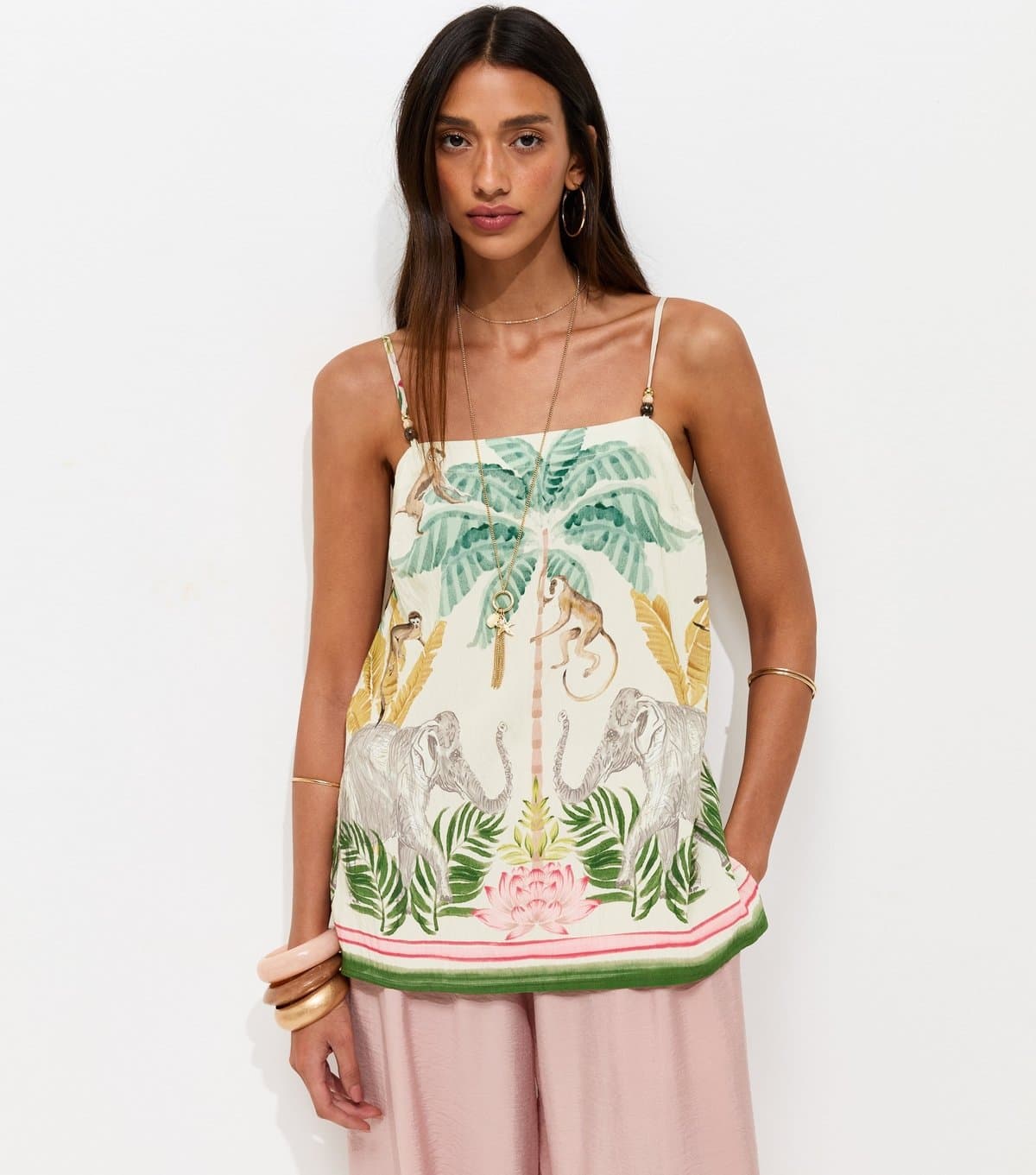 New Look Women's Cream Tropical Print Beaded Strap Cami Top New Look
