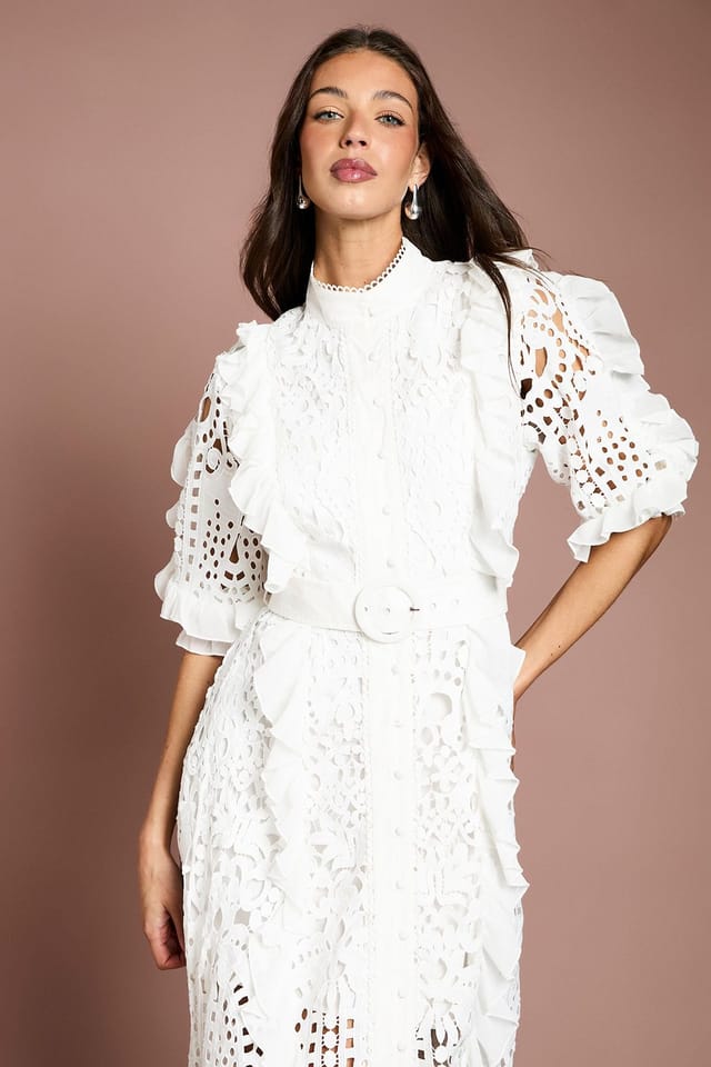 Coast Coast Women's Lace Ruffle Shirt Dress With Tie in White - 2