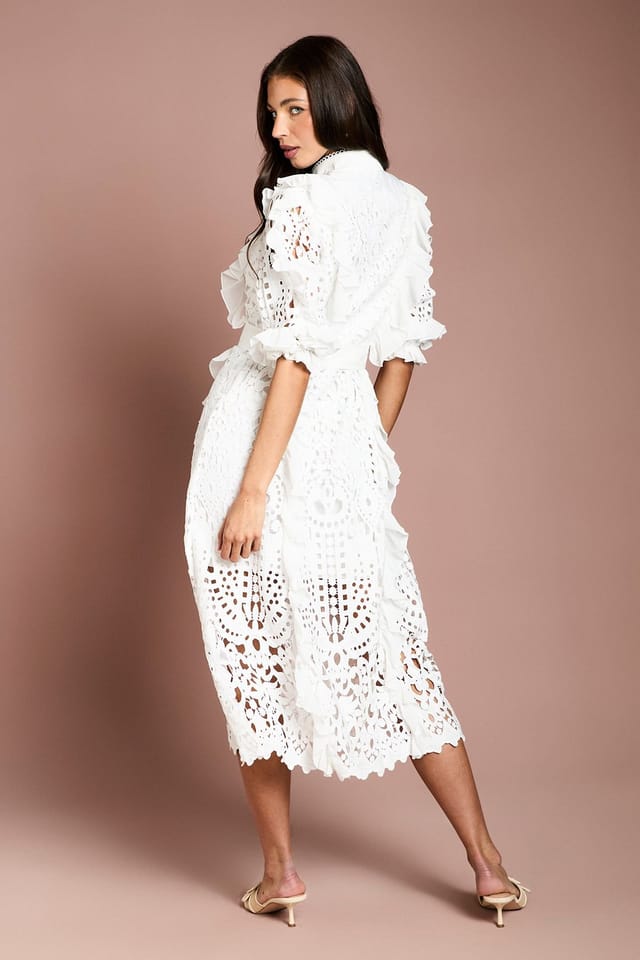 Coast Coast Women's Lace Ruffle Shirt Dress With Tie in White - 3