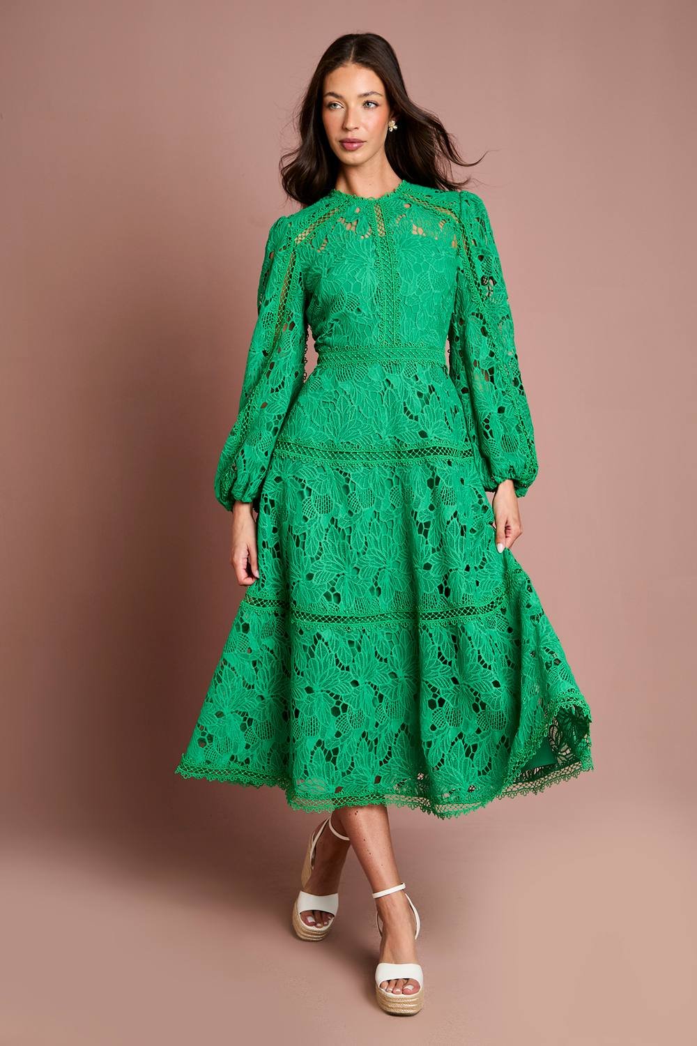 Coast Coast Women's Lace Panelled Long Sleeve Dress in Green - 2