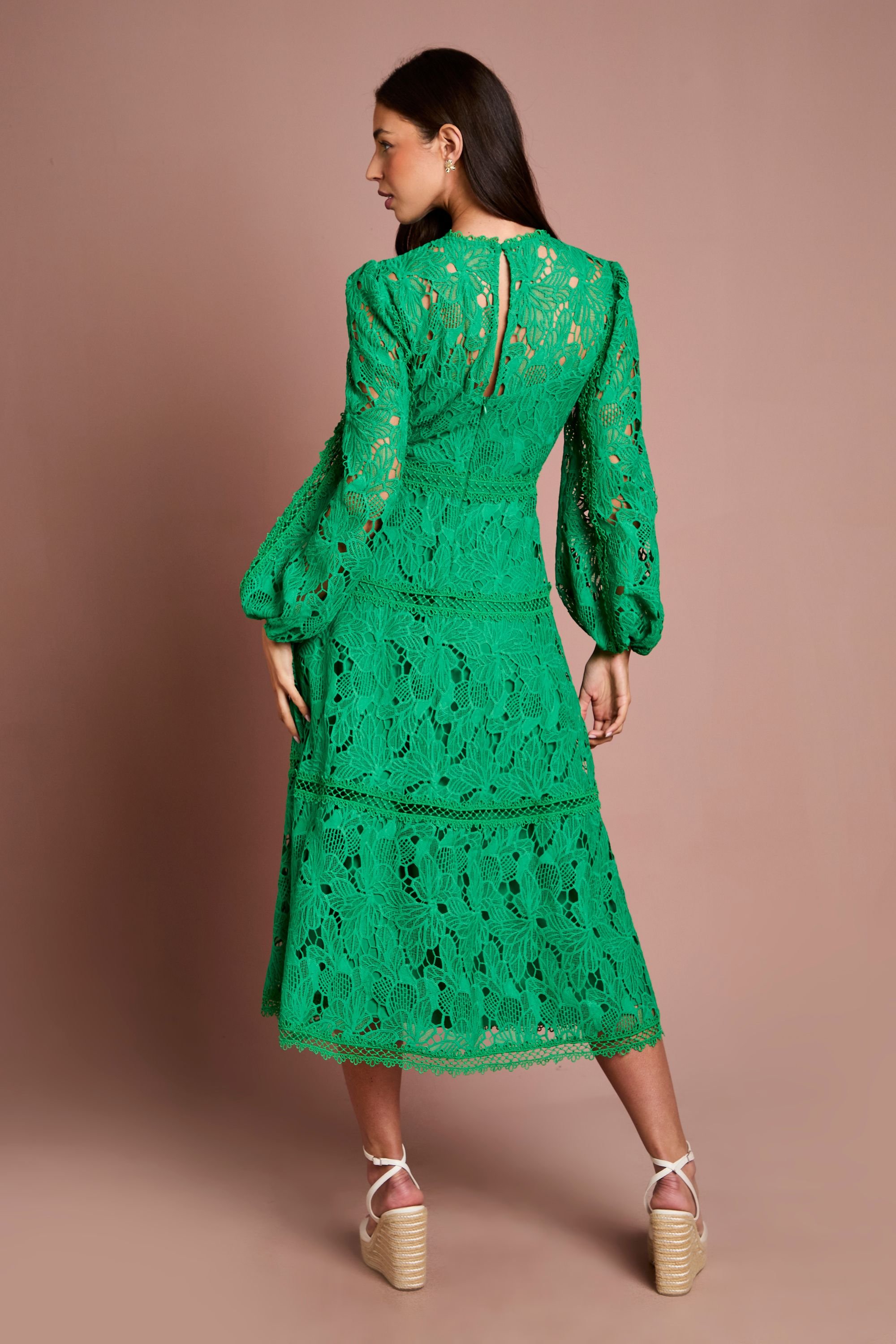 Coast Coast Women's Lace Panelled Long Sleeve Dress in Green - 3