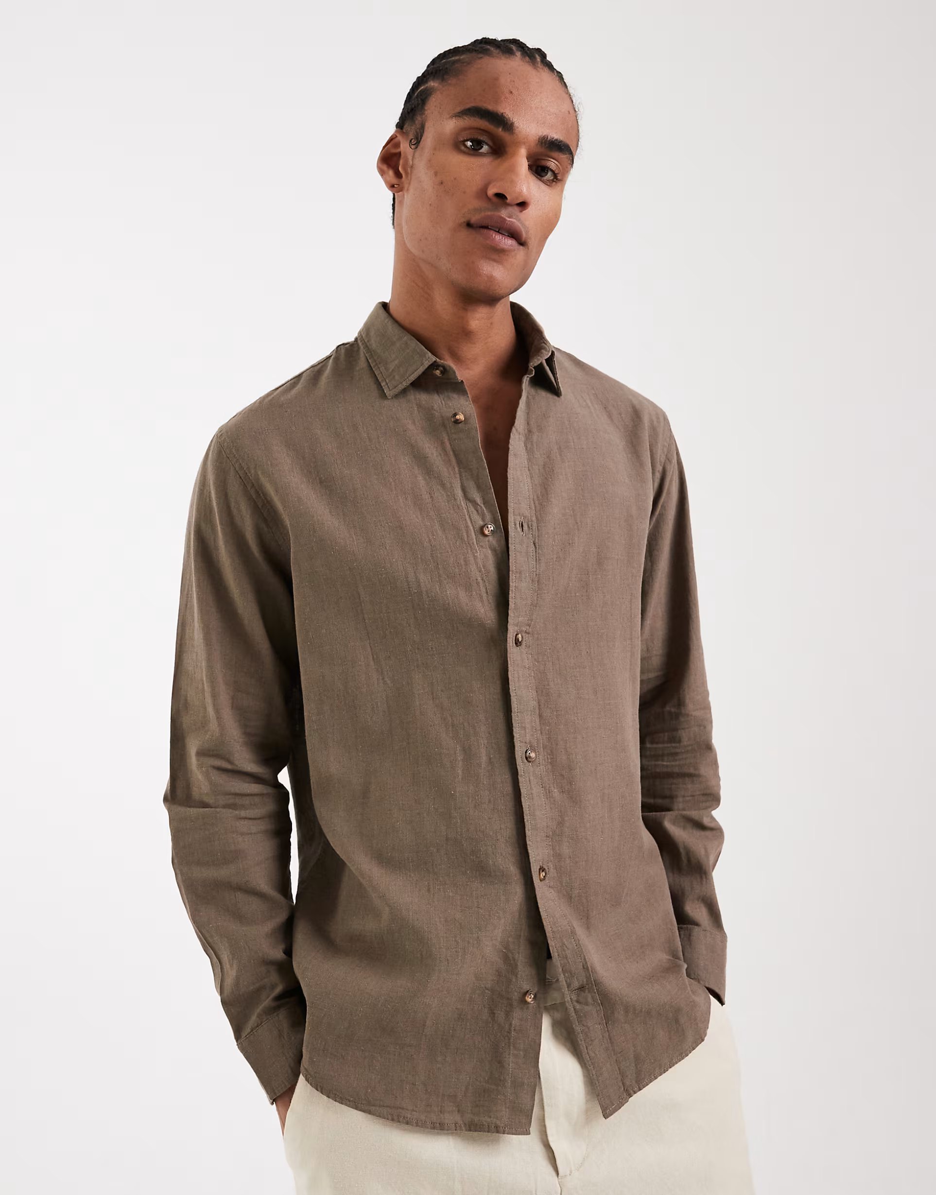 ASOS Jack & Jones linen blend shirt in light brown - 1