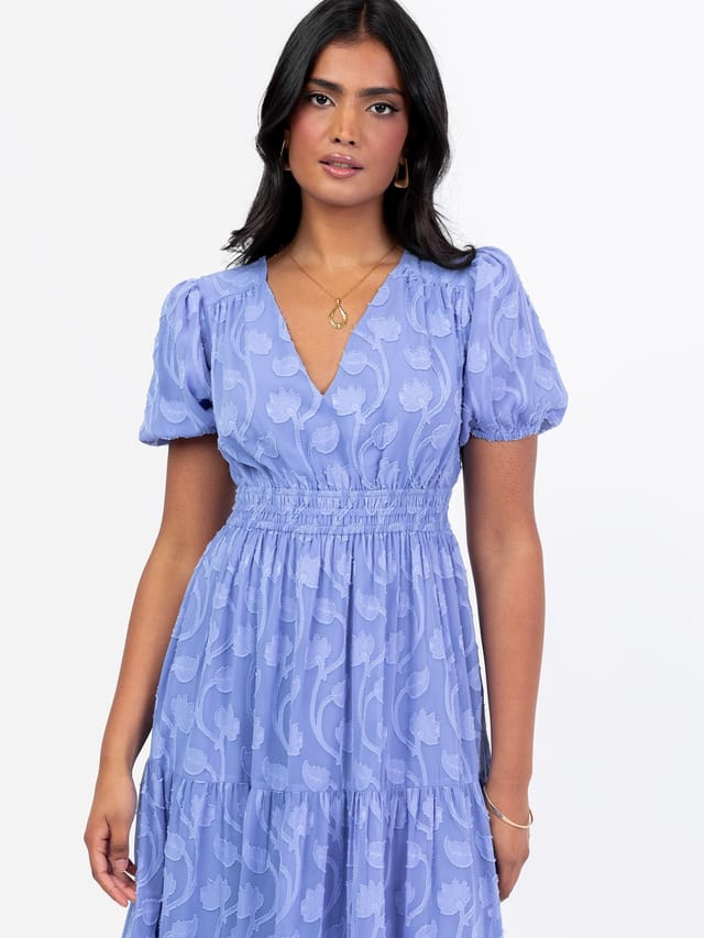 Lovedrobe Lovedrobe Women's Short Sleeve Floral Burn Out Midi Dress in Blue - 2