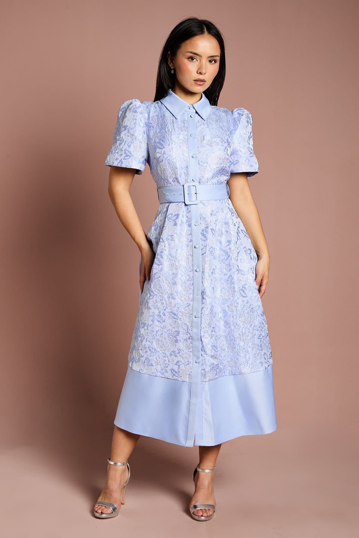 Coast Coast Women's Petite Short Sleeve Shirt Jacquard Midi Dress in Blue