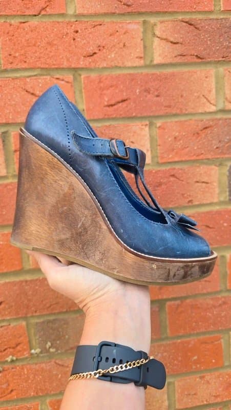 Topshop Topshop Blue Leather Wedge Heels Peep Toe Mary Jane Platform Shoes UK 4 /4.5 Boho Vintage