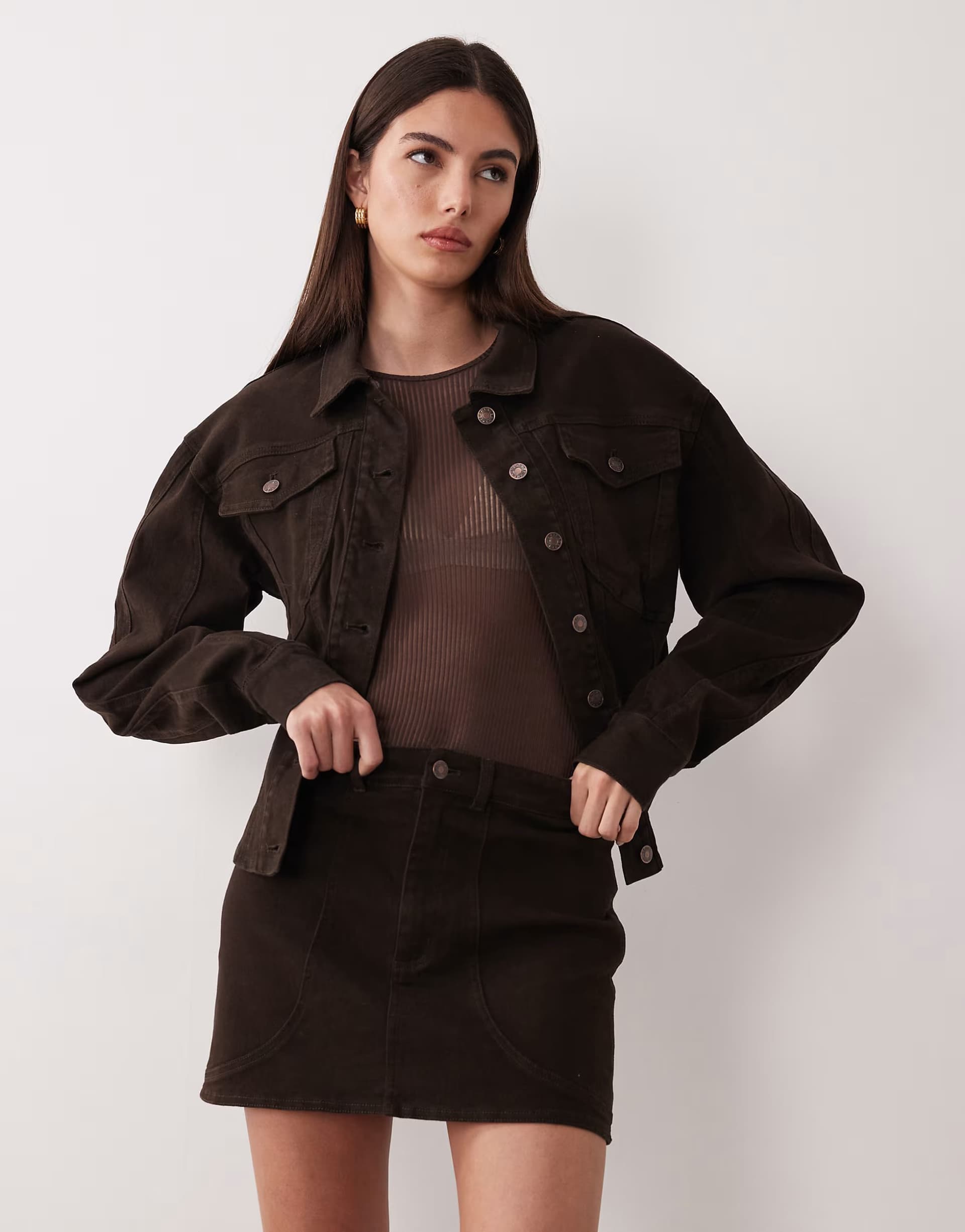 ASOS Wanderdoll Alix denim seam detail mini skirt co-ord in mocha