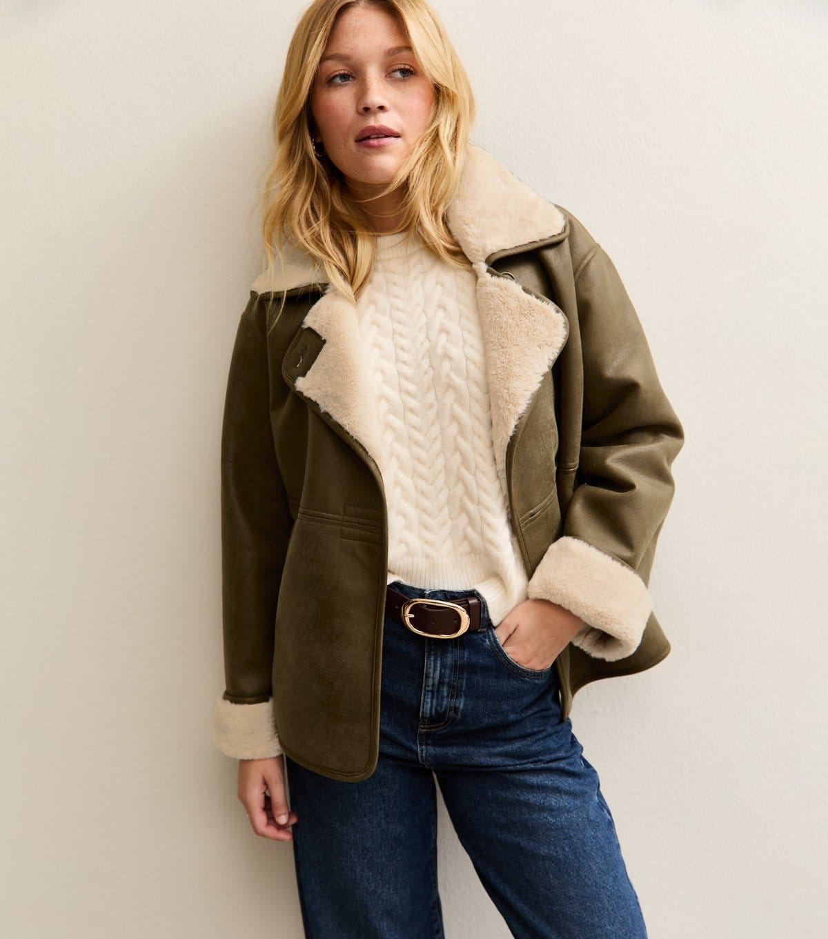 New Look Olive Contrast Trim Bonded Jacket