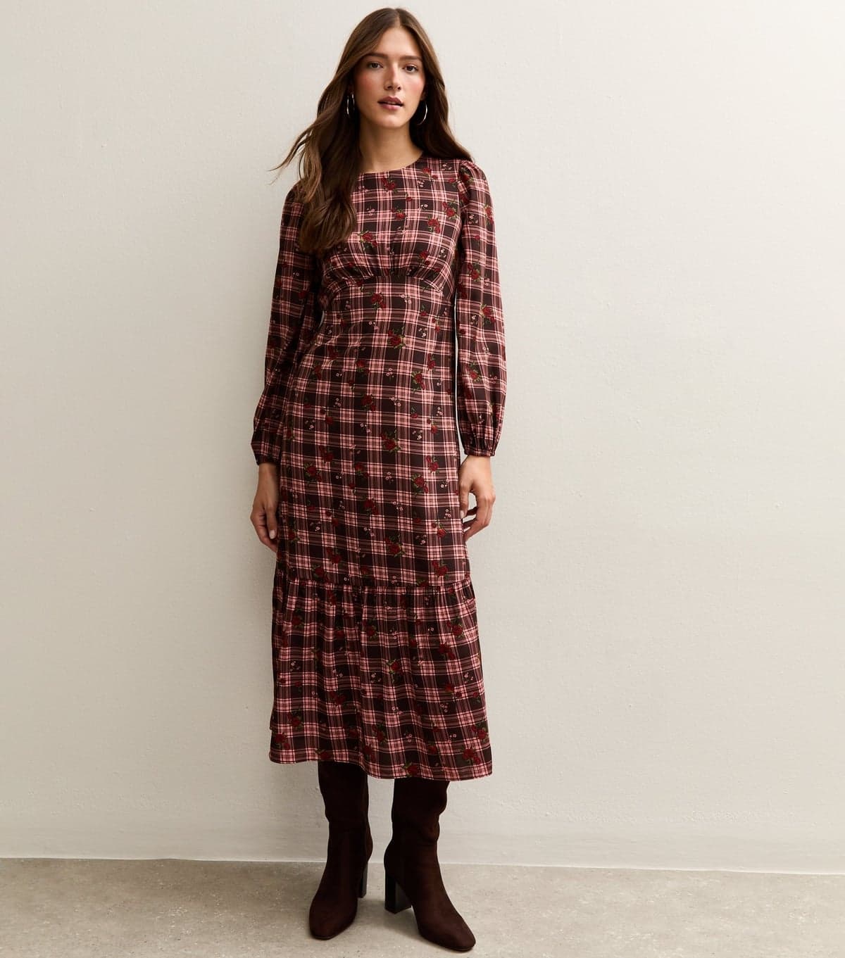 New Look Women's Red Crepe Check Pattern Floral Print Midi Dress New Look