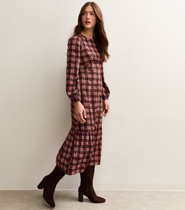 New Look Women's Red Crepe Check Pattern Floral Print Midi Dress New Look - 2