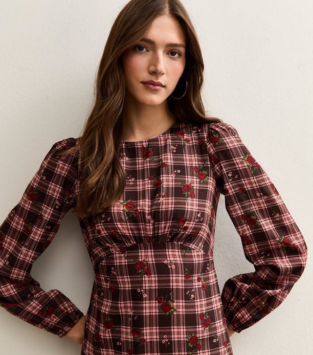 New Look Women's Red Crepe Check Pattern Floral Print Midi Dress New Look - 3