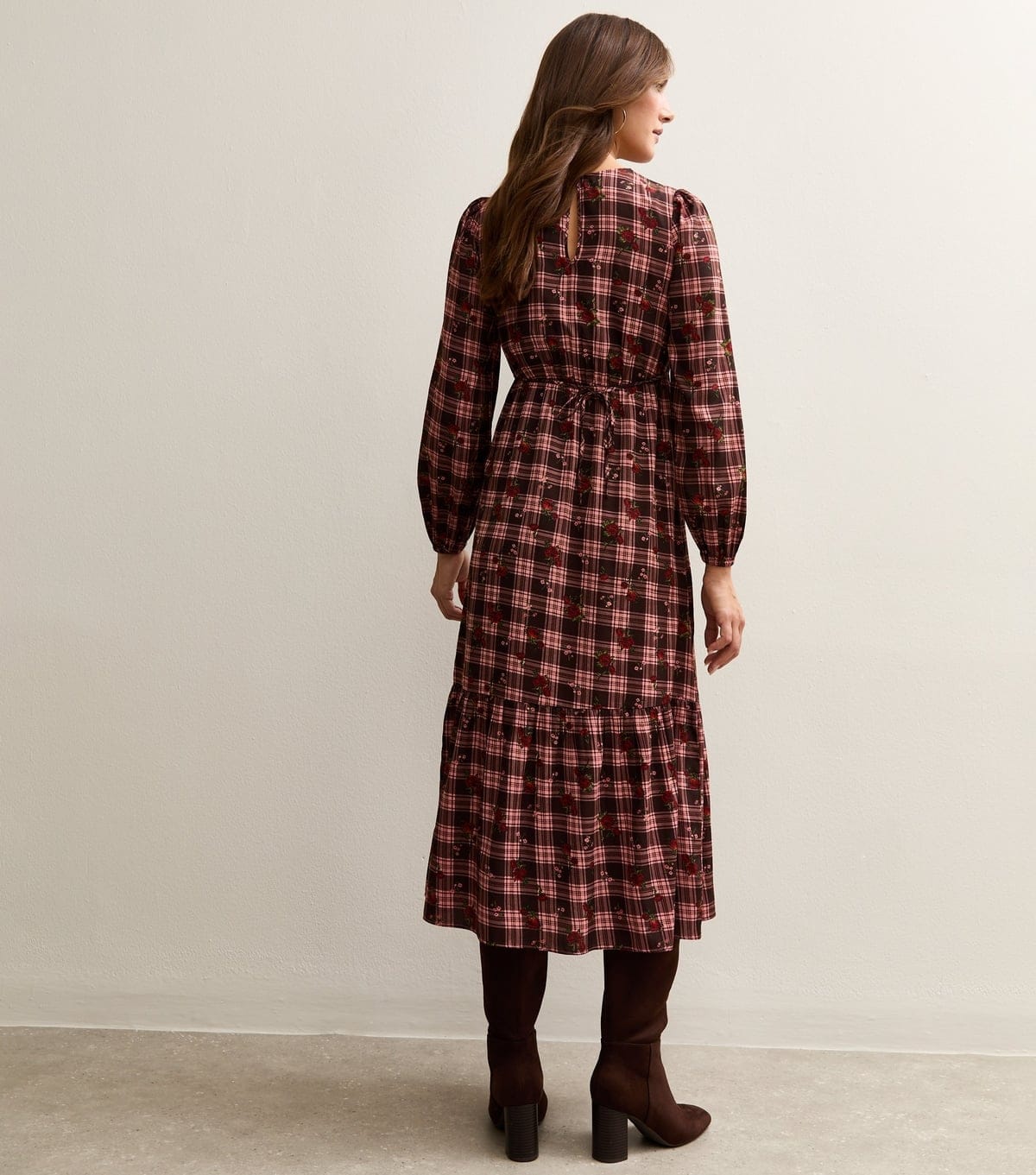 New Look Women's Red Crepe Check Pattern Floral Print Midi Dress New Look - 4