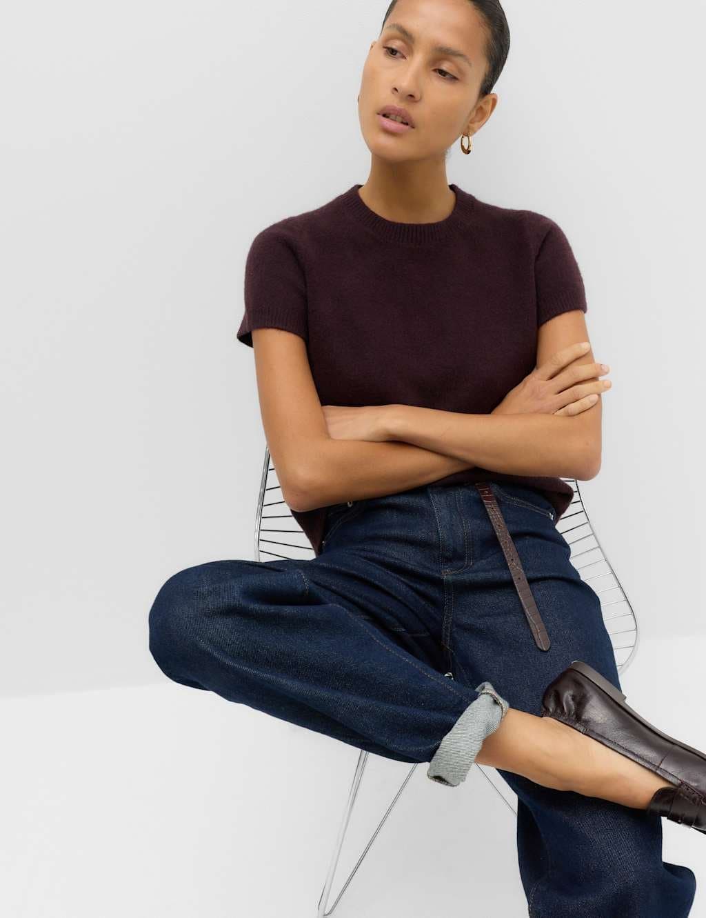 Marks & Spencer M&S Crew Neck Short Knitted Top With Wool Dark Aubergine