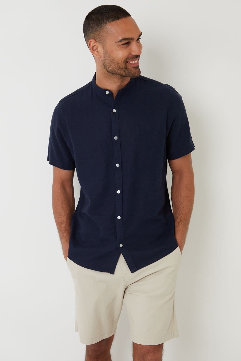Threadbare threadbare Men's Grandad Collar Linen Blend Short Sleeve Shirt in Navy