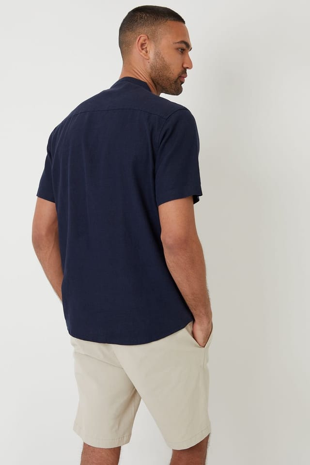 Threadbare threadbare Men's Grandad Collar Linen Blend Short Sleeve Shirt in Navy - 2