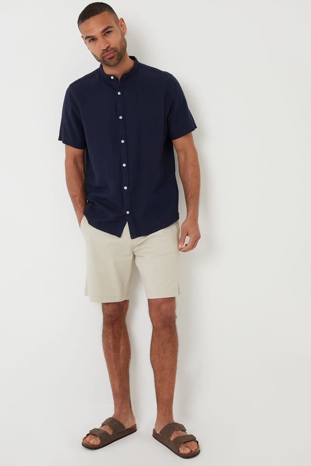 Threadbare threadbare Men's Grandad Collar Linen Blend Short Sleeve Shirt in Navy - 3