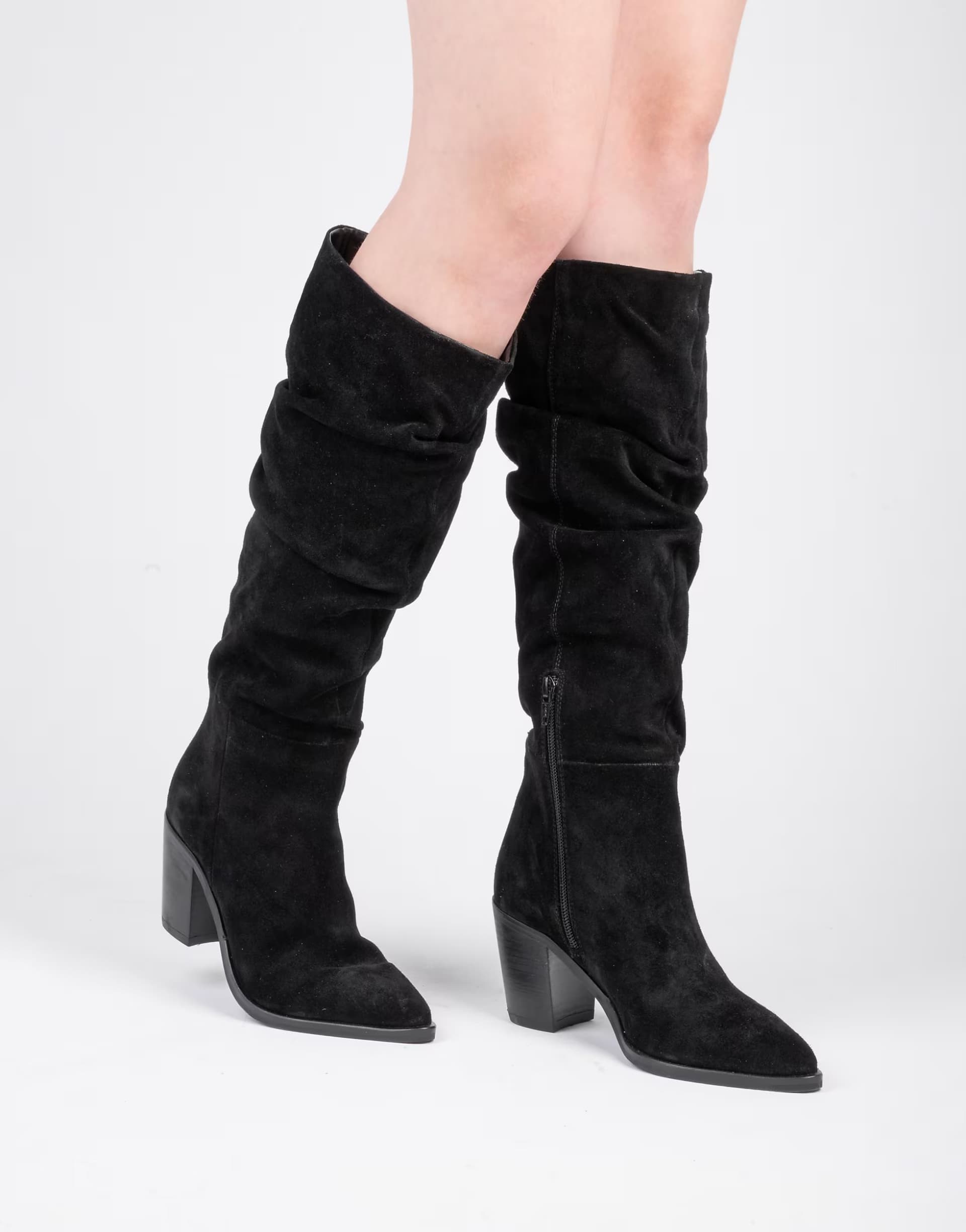 ASOS Off The Hook Muswell suede leather slouchy knee-high block heel boots in black