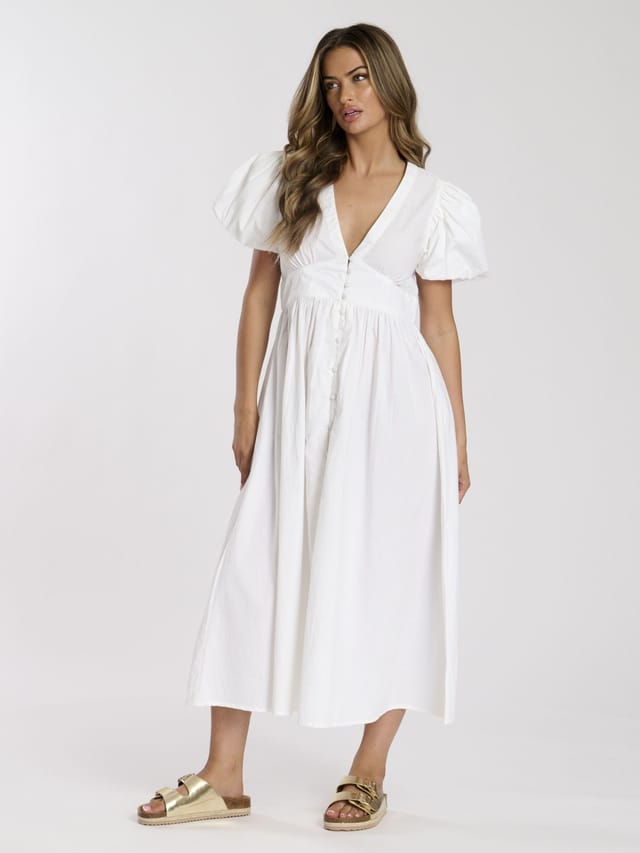 South Beach South Beach Women's Puff Sleeve Button Detail Midi Dress in White - 2