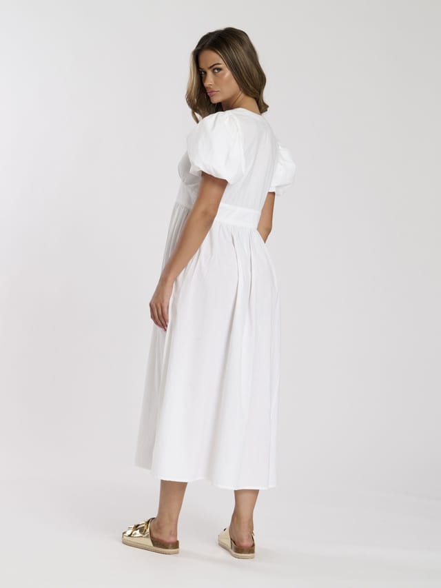 South Beach South Beach Women's Puff Sleeve Button Detail Midi Dress in White - 3