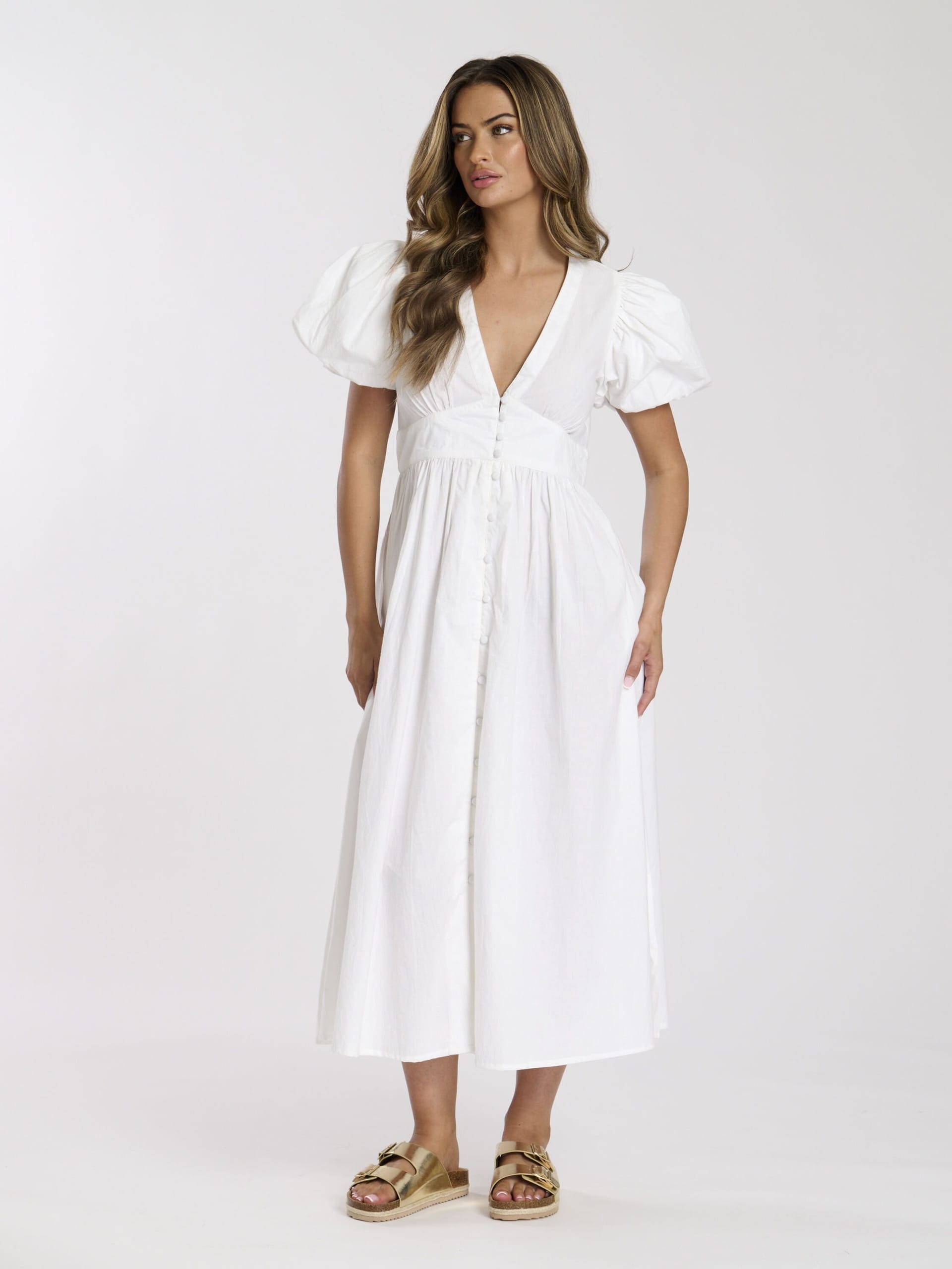 South Beach South Beach Women's Puff Sleeve Button Detail Midi Dress in White - 4