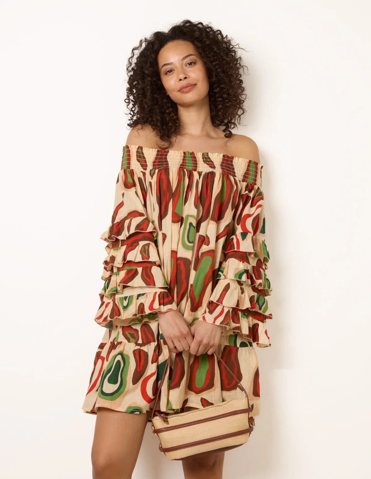 Blue Vanilla Printed Frill Sleeve Bardot Off Shoulder Tunic Dress