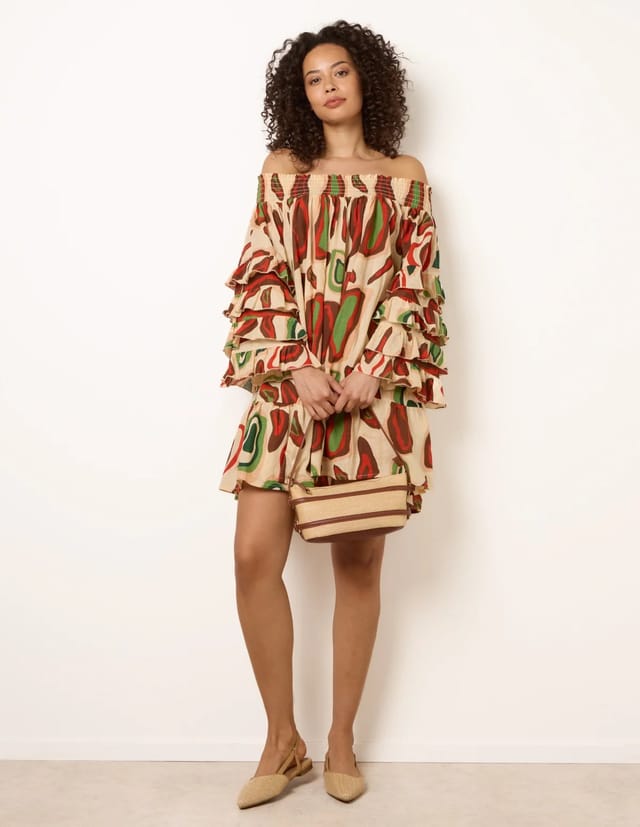 Blue Vanilla Printed Frill Sleeve Bardot Off Shoulder Tunic Dress - 2