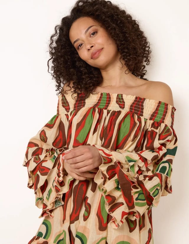 Blue Vanilla Printed Frill Sleeve Bardot Off Shoulder Tunic Dress - 3