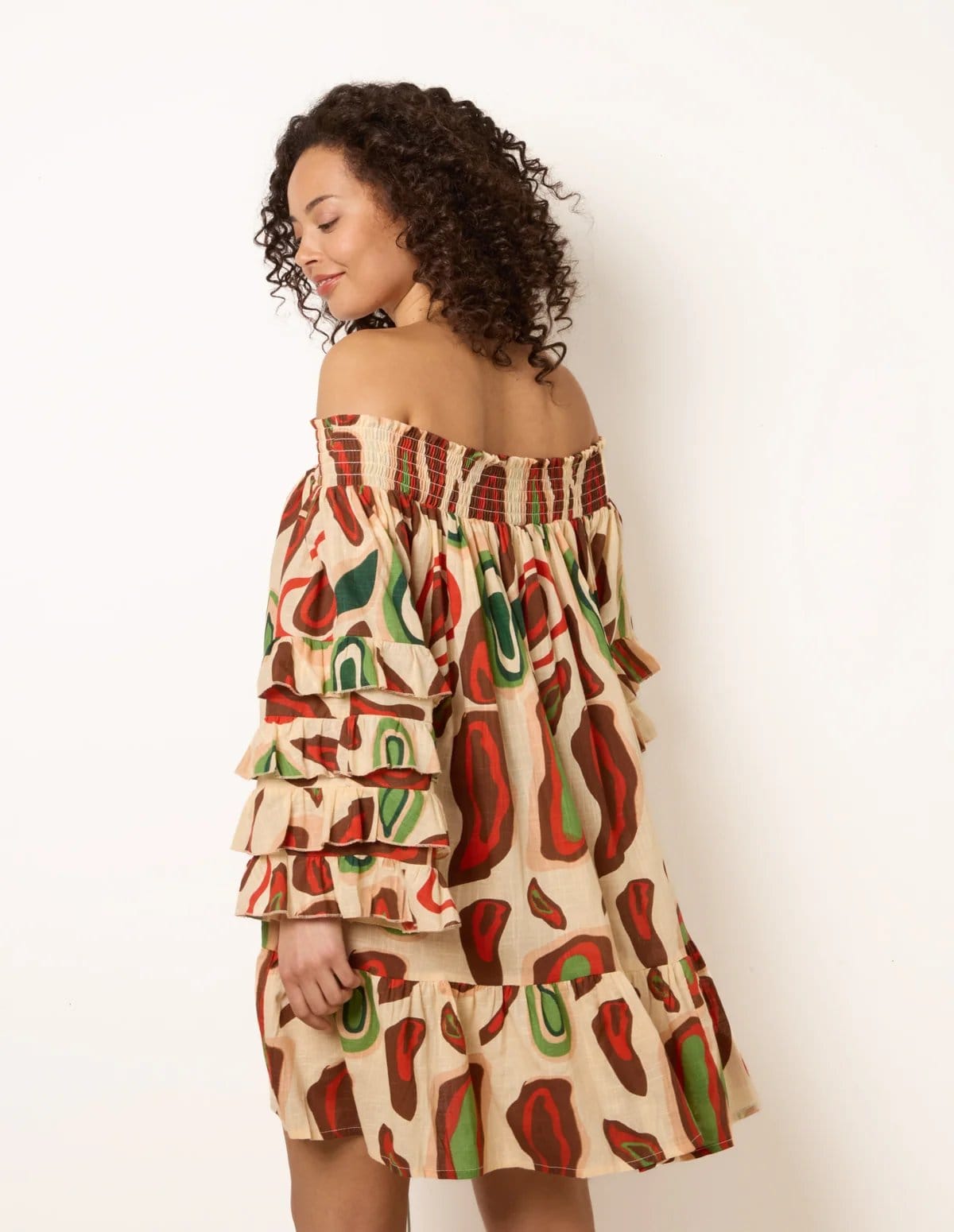 Blue Vanilla Printed Frill Sleeve Bardot Off Shoulder Tunic Dress - 4