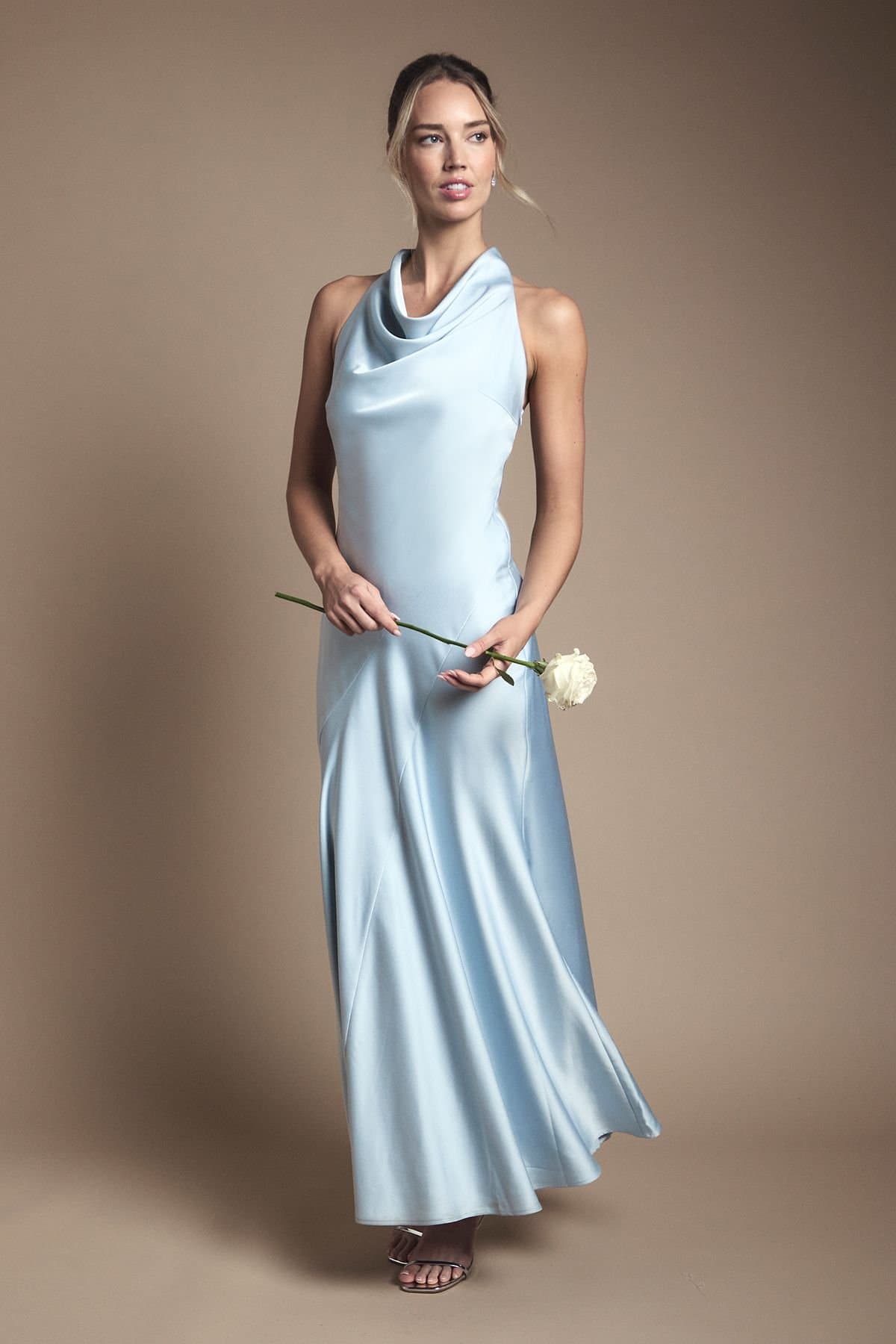 Oasis Oasis Women's Cowl Halterneck Satin Maxi Bridesmaid Dress in Light Blue