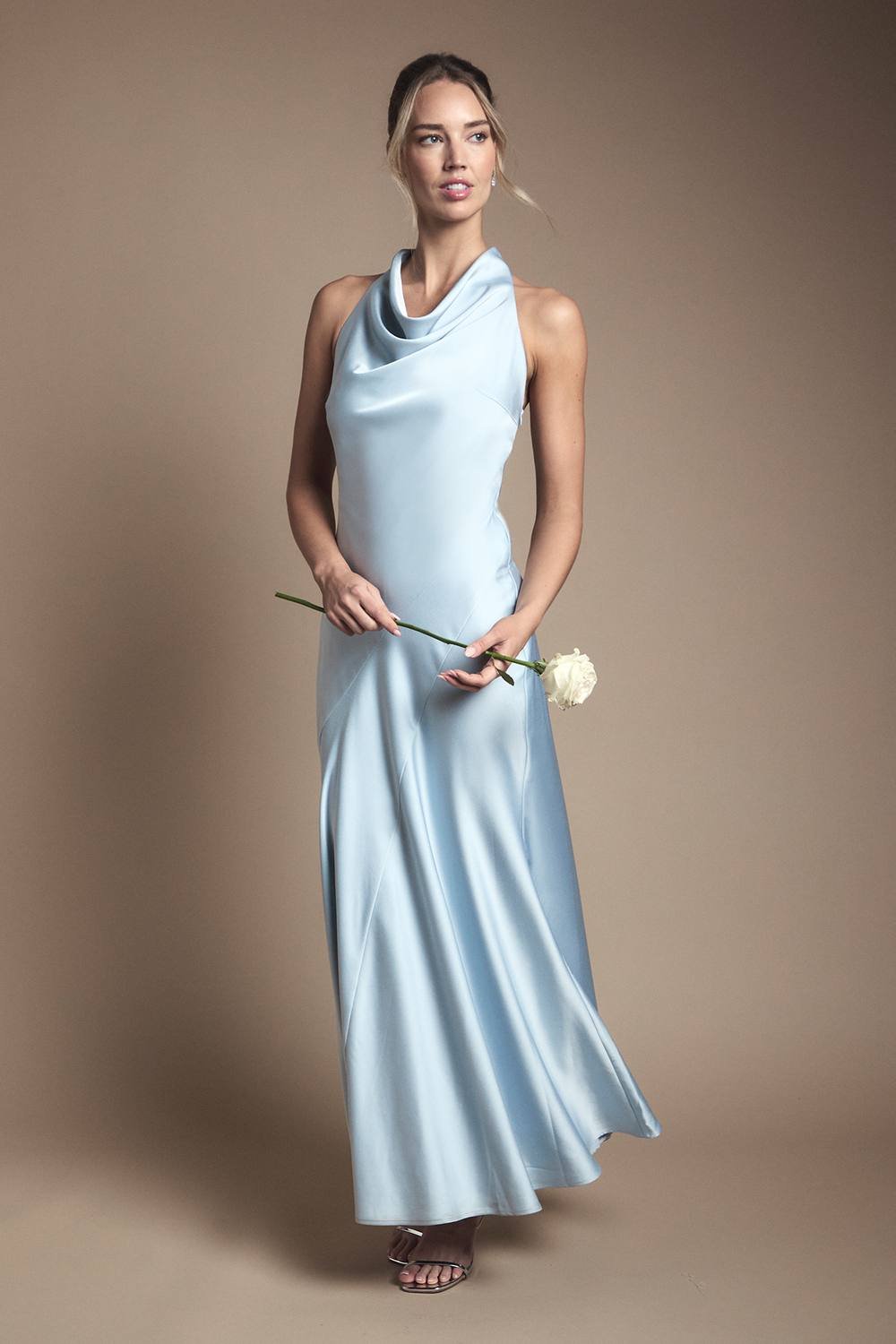 Oasis Oasis Women's Cowl Halterneck Satin Maxi Bridesmaid Dress in Light Blue - 2