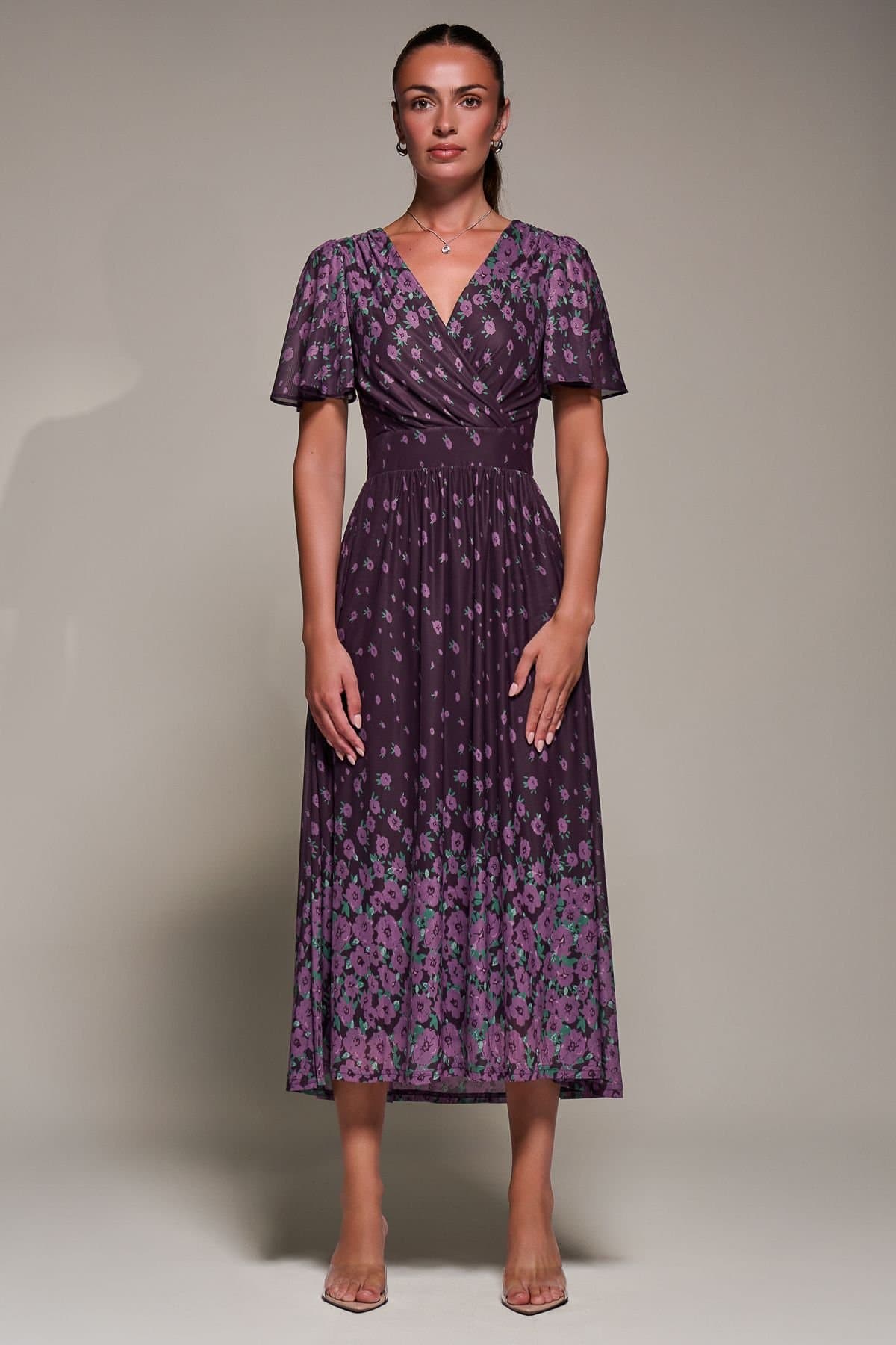 Jolie Moi Jolie Moi Women's Mirrored Mesh Short Sleeve Midaxi Dress in Purple