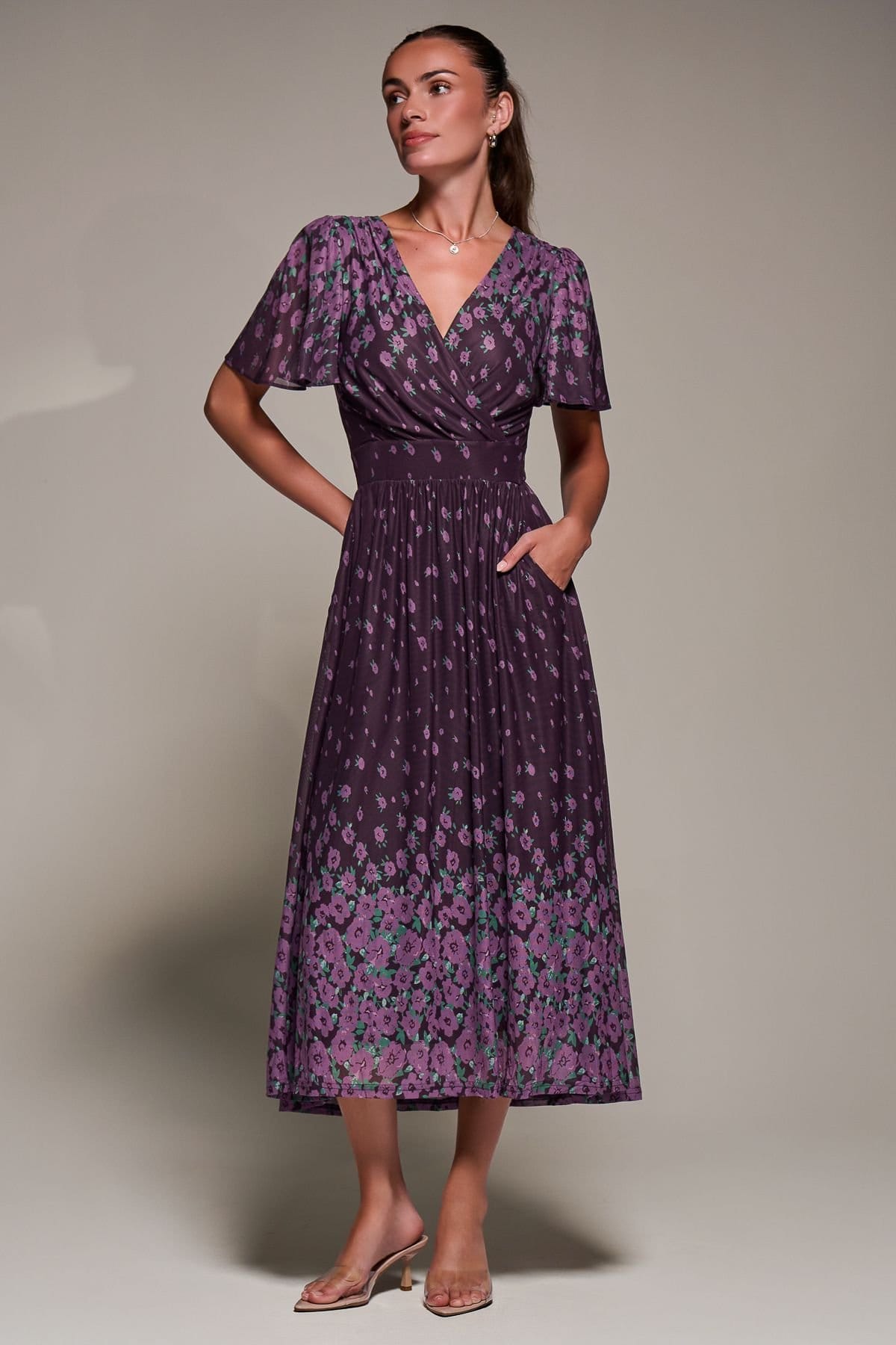 Jolie Moi Jolie Moi Women's Mirrored Mesh Short Sleeve Midaxi Dress in Purple - 4