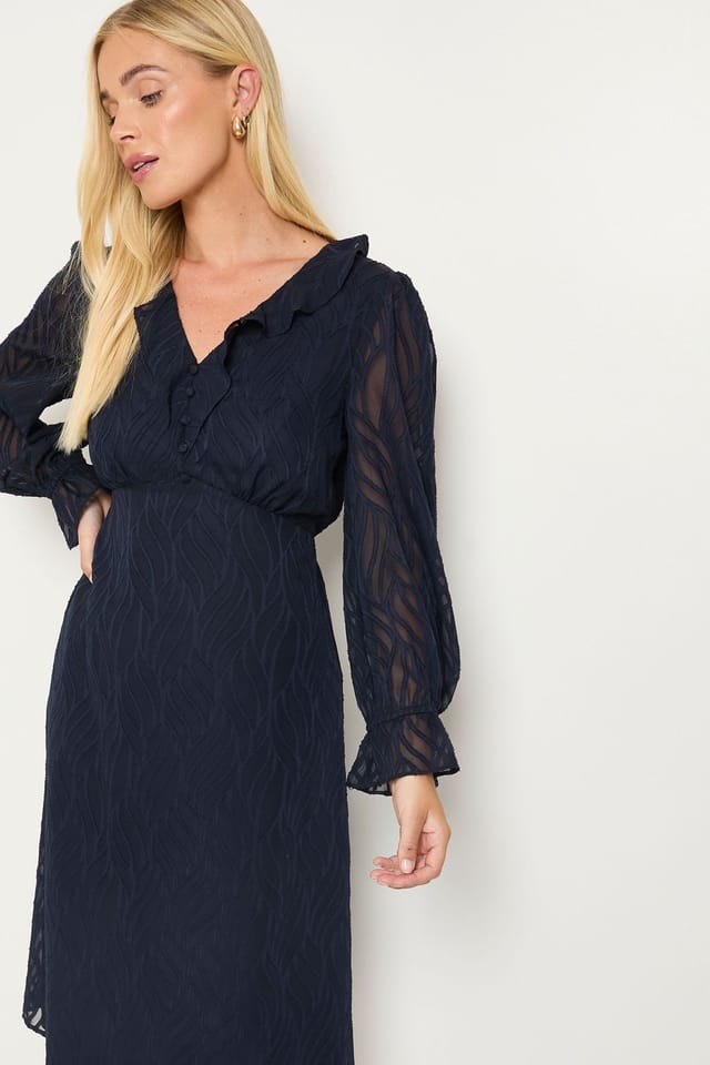 Wallis Wallis Women's Petite Burn Out Ruffle Midi Dress in Navy - 2
