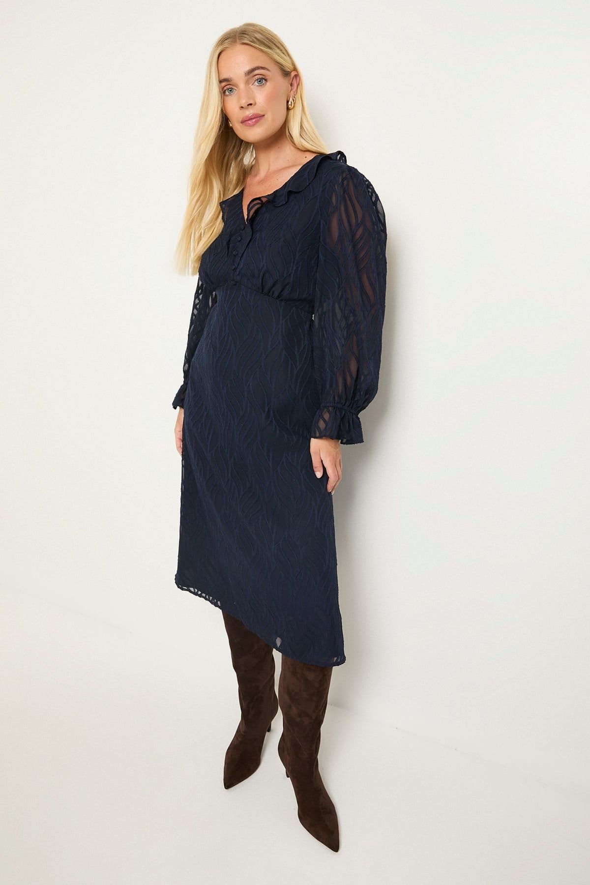 Wallis Wallis Women's Petite Burn Out Ruffle Midi Dress in Navy - 4