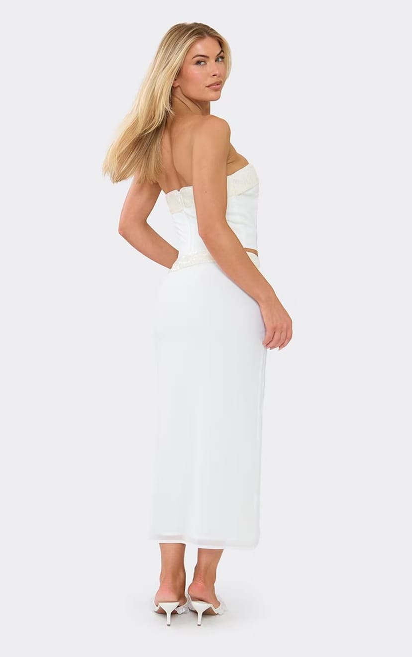 EGO Mid Rise Sequin Panel Maxi Skirt In Cream, Women's Size UK 6 - 1