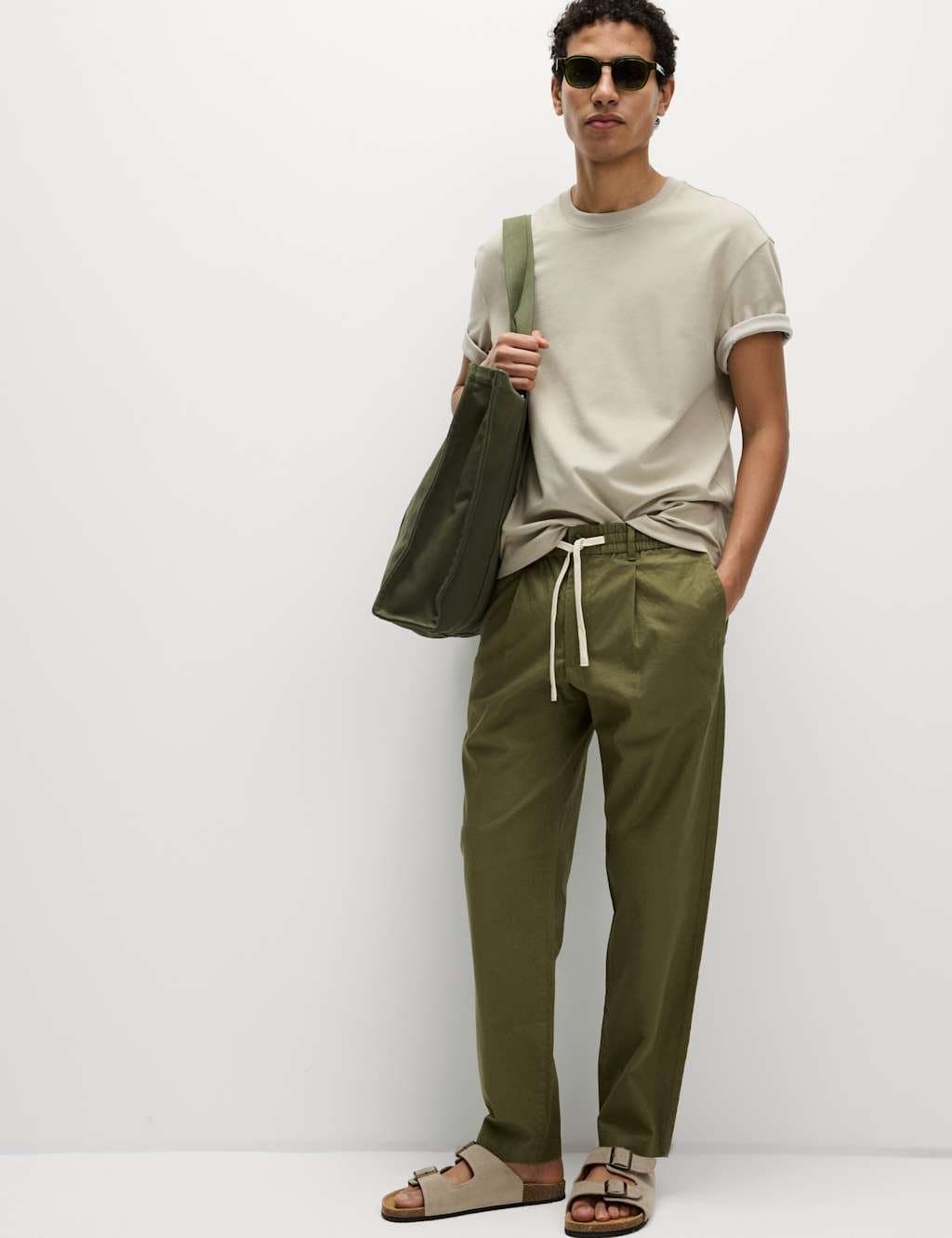 Marks & Spencer M&S Khaki Cotton Linen Blend Tapered Trousers