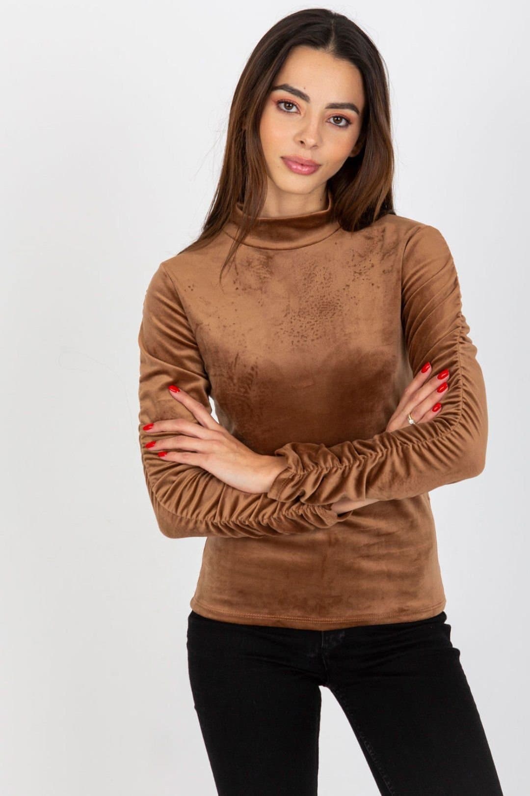 Love Lace Love Lace Women's Velour Long Sleeve Stand Collar Blouse Style 173731 in Brown