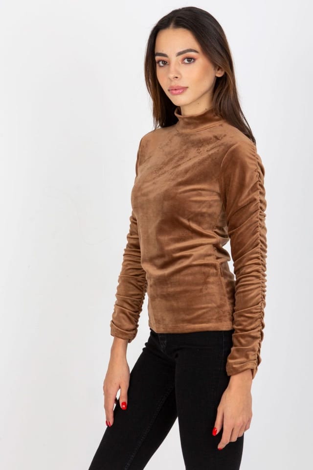Love Lace Love Lace Women's Velour Long Sleeve Stand Collar Blouse Style 173731 in Brown - 3