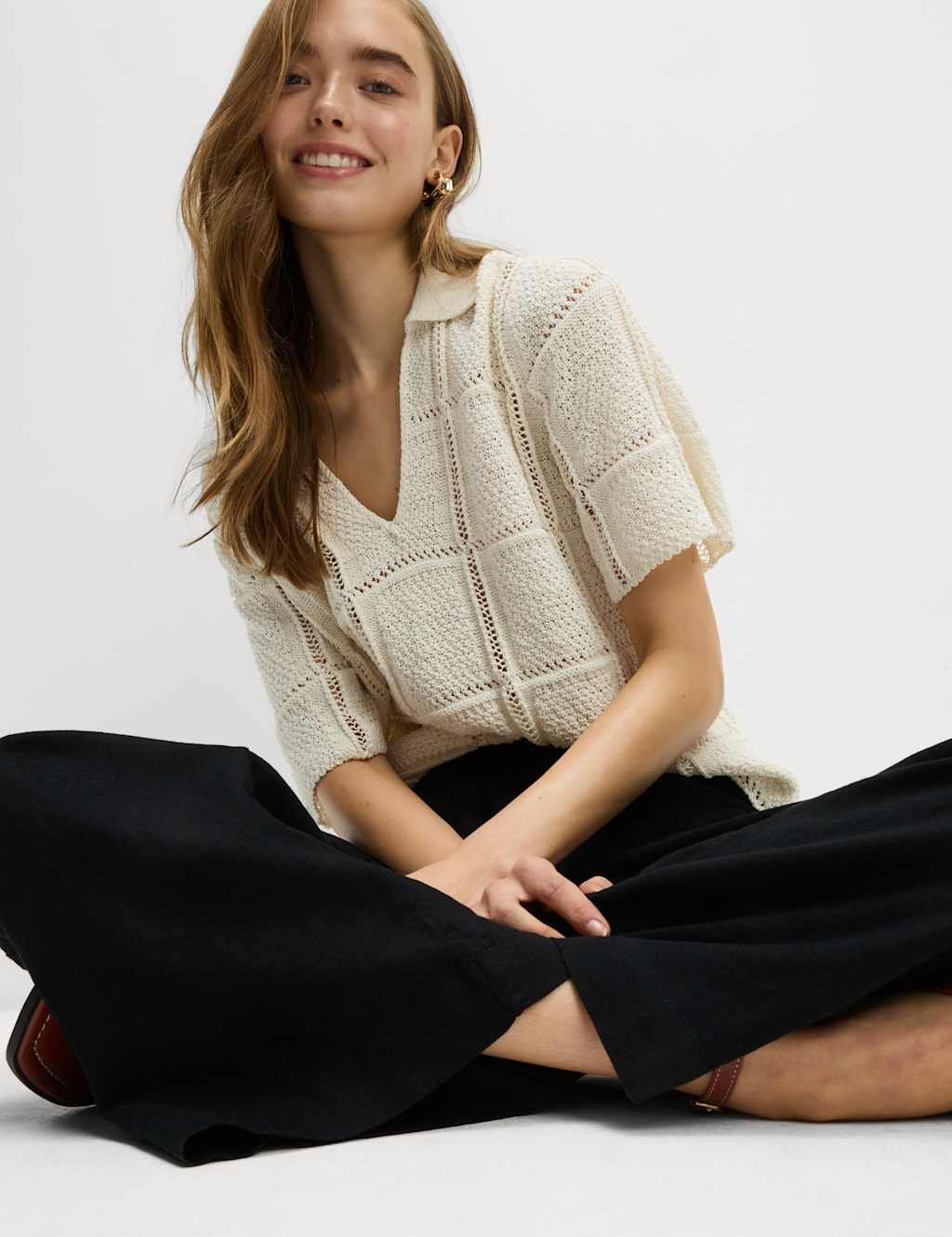 Marks & Spencer M&S Linen Rich Wide Leg Cropped Trousers Black - 2