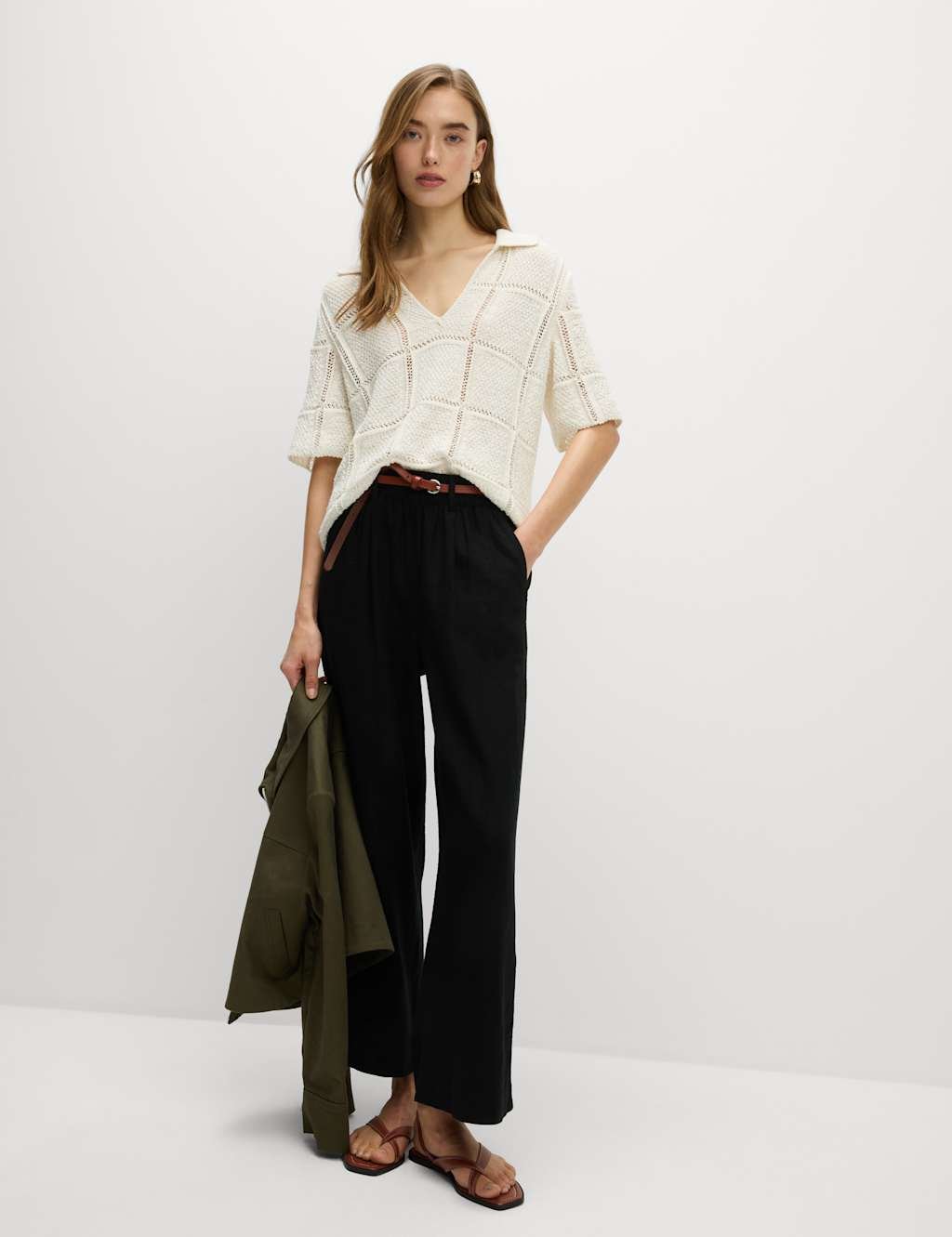 Marks & Spencer M&S Linen Rich Wide Leg Cropped Trousers Black - 4